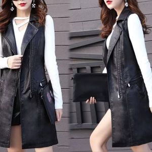 NEW Black Long Sleevesless Leather Vest Vintage Jacket Coat Bomber Winter Warm